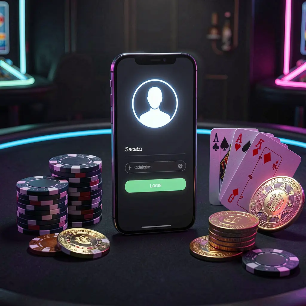 LAXMI8 casino app login scene on a smartphone with glowing user profile icon, surrounded by chips, cards, and coins against an elegant dark background with neon highlights