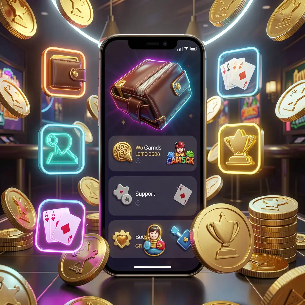 LAXMI8 online casino app features visual showing a smartphone surrounded by icons for wallet, games, support, and rewards, with golden coins and neon lights in a luxury 3D render
