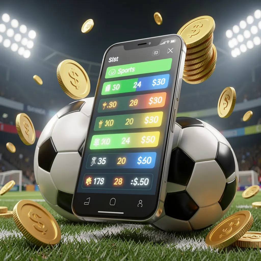 LAXMI8 modern football betting visual with smartphone displaying glowing sports odds interface, soccer ball, golden coins, and stadium lights in premium 3D illustration LAXMI8 modern football betting visual with smartphone displaying glowing sports odds interface, soccer ball, golden coins, and stadium lights in premium 3D illustration