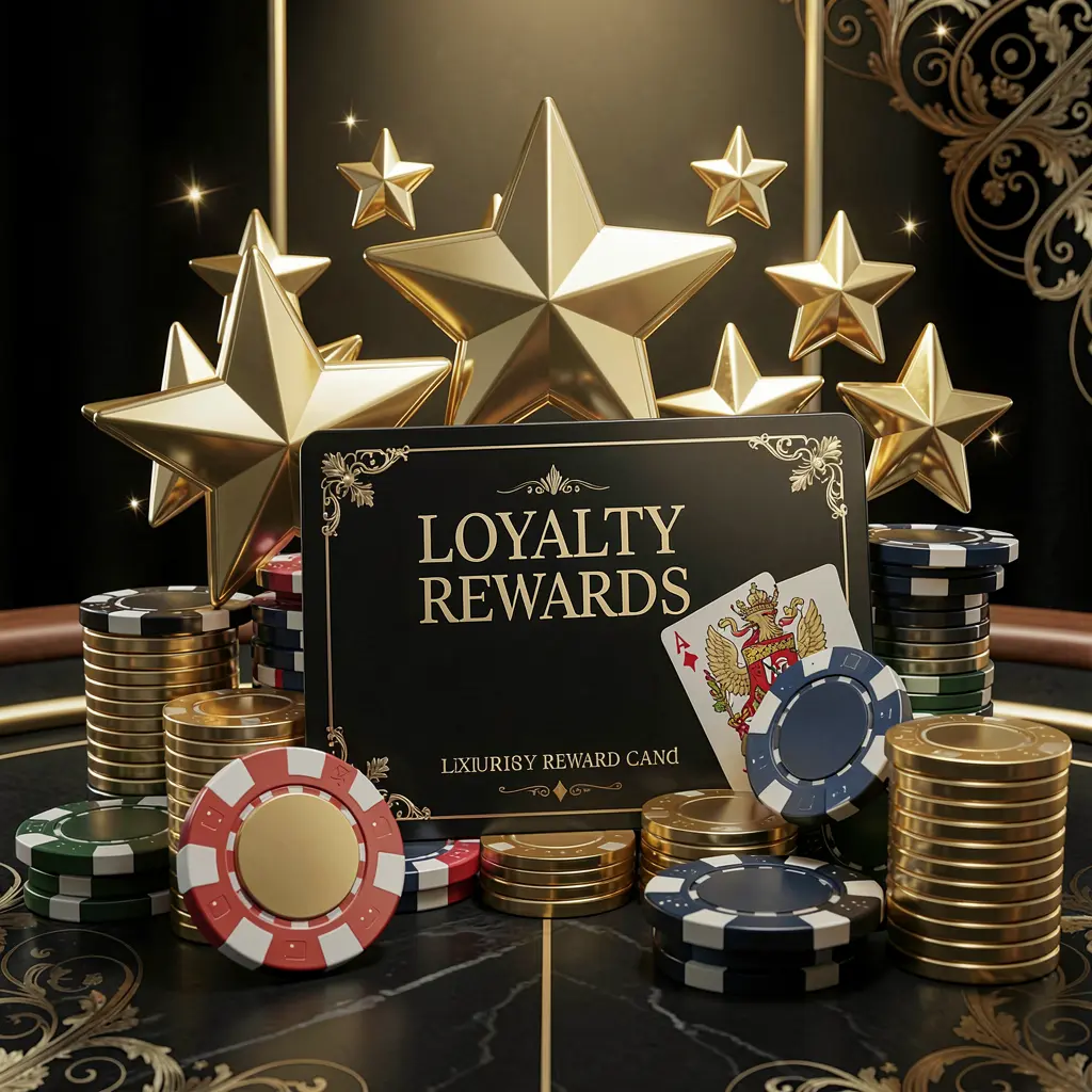 LAXMI8 loyalty rewards casino image featuring golden stars, poker chips, coins, and a luxury reward card against an elegant black and gold background in a realistic 3D render