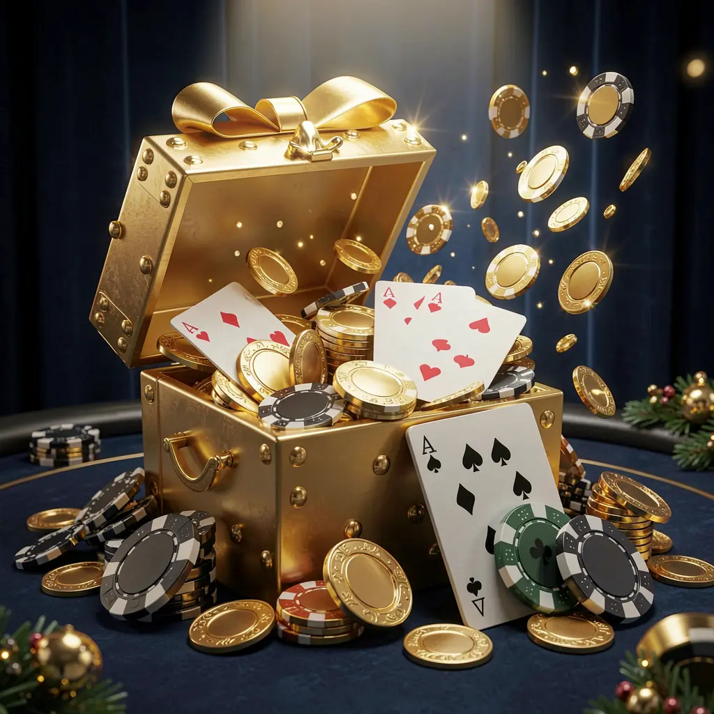 LAXMI8 online casino luxurious welcome bonus scene featuring an open golden gift box with casino chips, playing cards, and sparkling coins bursting out against a premium dark blue and black background with a bright golden glow in an elegant festive mood