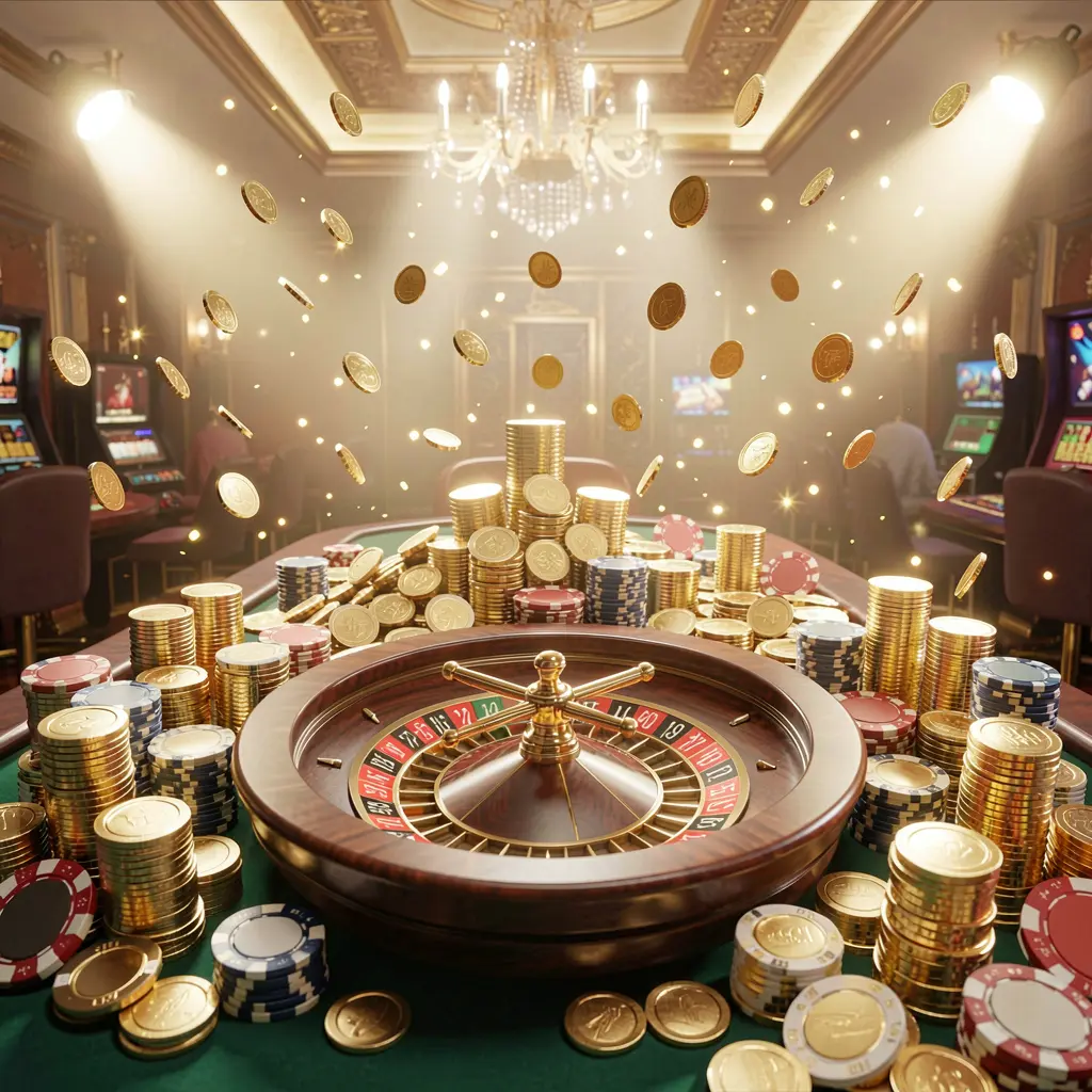 LAXMI8 casino jackpot scene featuring golden coins, colorful poker chips, and a roulette wheel under bright glowing lights in a luxury celebration atmosphere