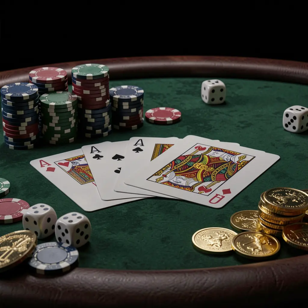 Close-up of an elegant LAXMI8 casino table featuring poker chips, playing cards, dice, and gold coins with soft cinematic lighting against a luxury black background