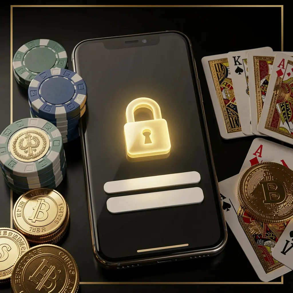LAXMI8 secure casino account login concept with glowing lock icon on smartphone screen surrounded by poker chips, playing cards, and golden coins on an elegant black and gold background