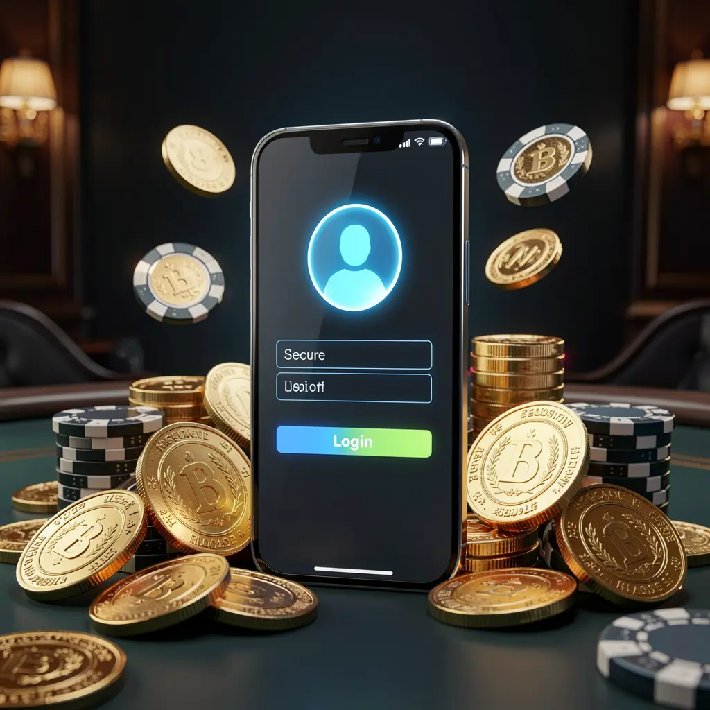 LAXMI8 online casino login page hero banner featuring a modern smartphone with a secure login screen, glowing user profile icon, golden coins and poker chips surrounding it against a dark luxury background
