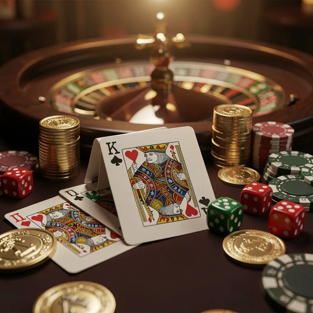 Elegant online casino homepage featuring LAXMI8 brand with royal flush cards, dice, golden coins, poker chips on a dark table, and a glowing roulette wheel in the background in a cinematic 3D render